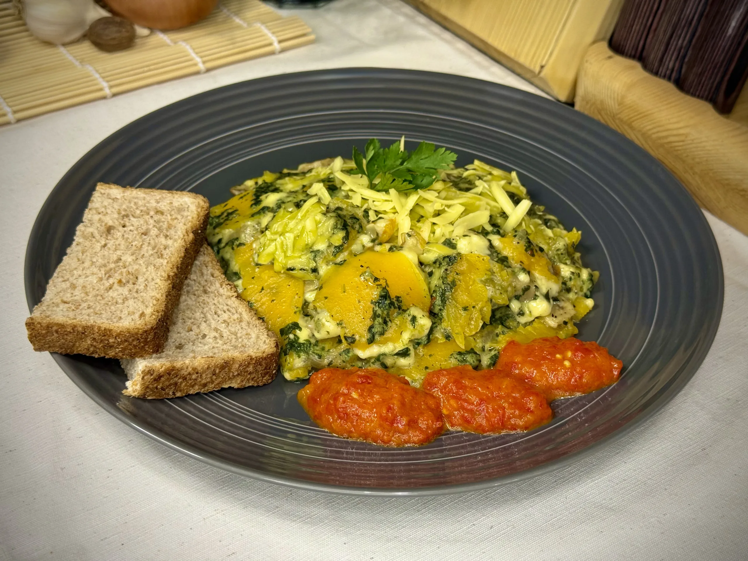 Servirane posne lazanje sa dvije šnite hljeba i ajvarom, na tanjiru.