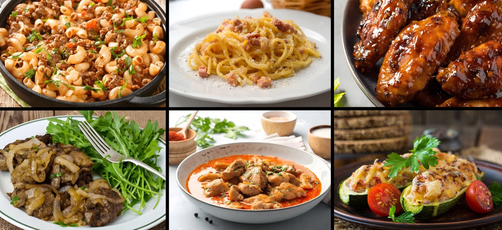 9-brzih-recepata-za-radni-dan. Kolaž sa šest fotografija brzih recepata: brzi gulaš s tjesteninom, pasta karbonara, pileća krilca s medom, teleće džigerice, pileći paprikaš i zapečene tikvice.