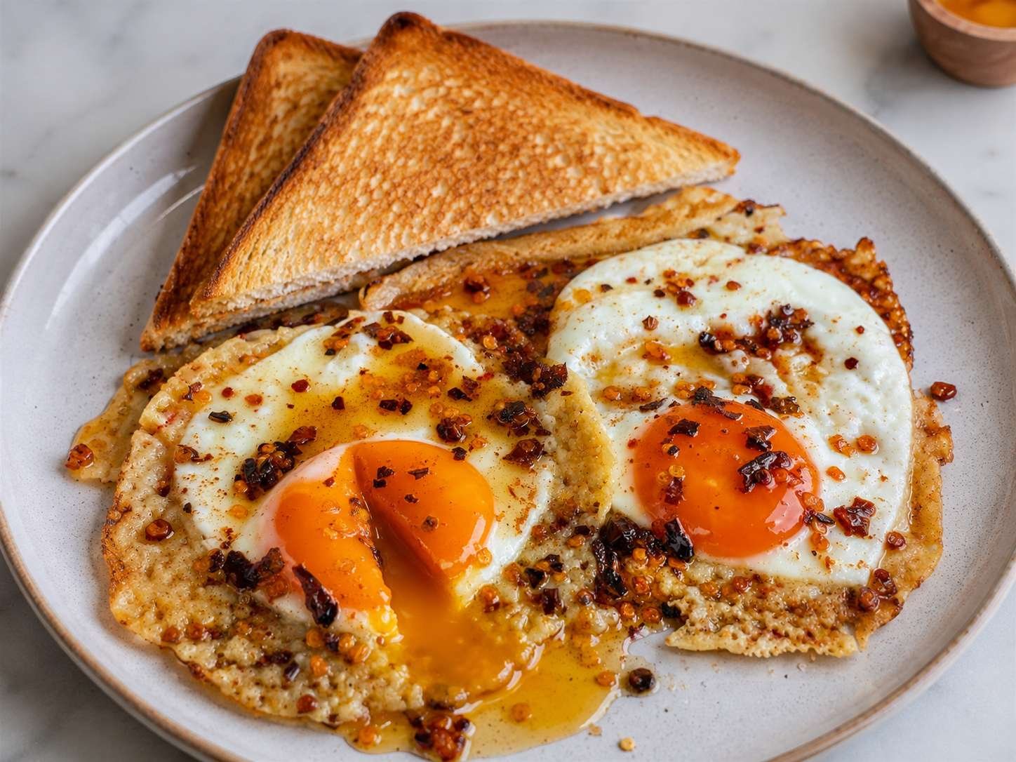 Jaja sa ljutim medom i hrskavom gaudom, tost hljeb pored